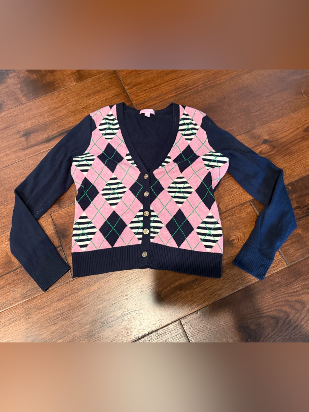 LILLY PULITZER ARGYLE CARDIGAN SWEATER, SIZE SMALL, NAVY/PINK